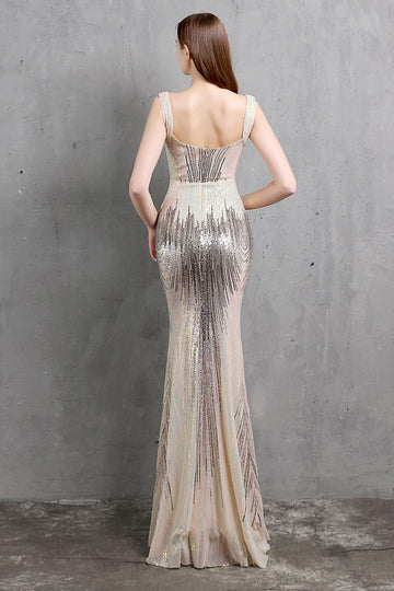 Vestido de baile de sequin de sereia de ouro v pescoço
